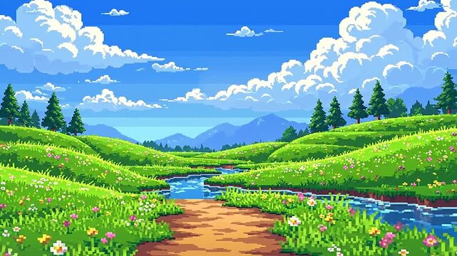 A vibrant pixel art landscape features a lush meadow with a winding river and trees
