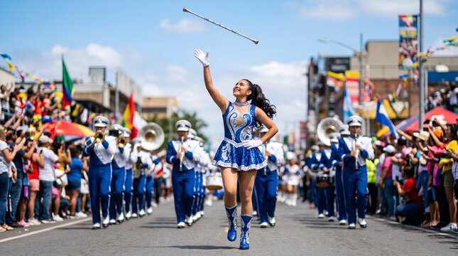 Majorette performing with a baton during a festive street parade