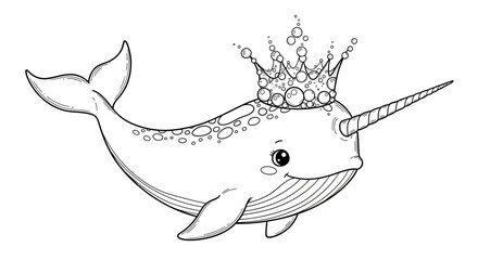 Cute Narwhal with Crown, Ocean Creature, Cartoon Style, Black and White © Aira