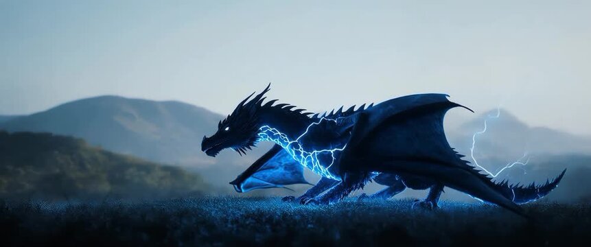 Crackling Electric Blue Storm Dragon on High Plateau - Ethereal Fantasy
