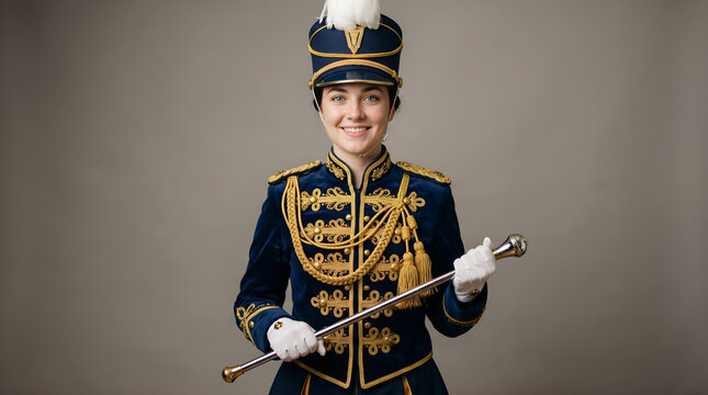 Smiling young female majorette in blue and gold band uniform