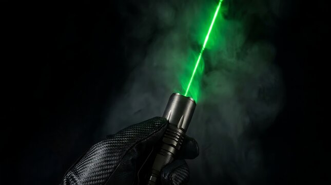 Hand holding steel laser torch in dark with smoke