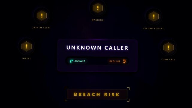 Unknown caller incoming call screen with breach risk warning alert