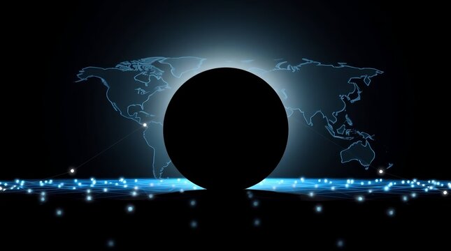 A sophisticated conceptual background featuring a stylized digital world map in the background with a prominent black circle in the center