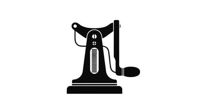 Pencil sharpener is an illustration of a vintage, desk-mounted device featuring a hand crank and a classic design, presented as a black silhouette against a white background.