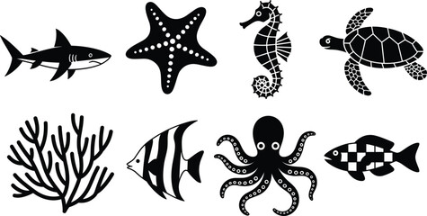 Marine life silhouettes set, ocean animals collection, shark turtle octopus coral icons, underwater wildlife vector illustration © Kaiyum