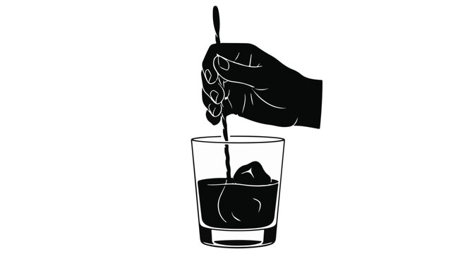 Hand stirring a drink with a spoon in a glass depicts the process of mixing a beverage.