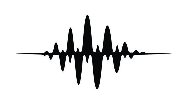 Symmetrical black silhouette of an audio sound wave or equalizer pattern is centered on a clean white background.