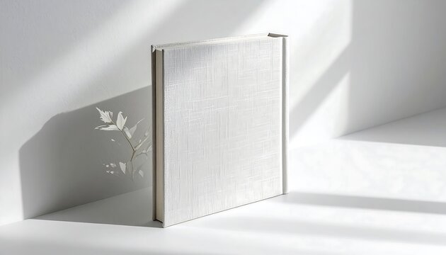 A white book with a leaf pattern cast on the wall on a white background with sun rays and shadows on a bright clean Lifestyle minimalistic interior scene