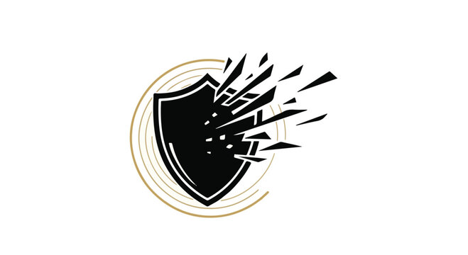 Shattered black shield with fragments flying outwards from the right side, surrounded by concentric golden circular lines on a white background, illustrates a concept of breaking through security.