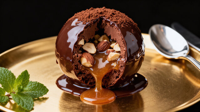 chocolate ball dessert with flowing caramel and nuts close up shot