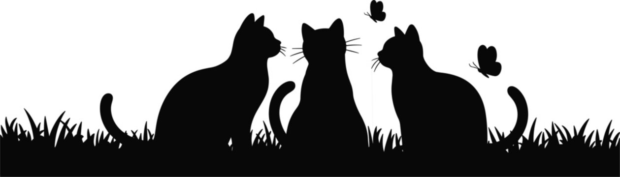 Cat silhouettes in grass, playful kittens with butterflies, pet animals outdoor scene, cute feline vector illustration