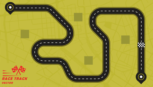Simple Race track or road designed on yellow background with pin drops and layout of the city map.
