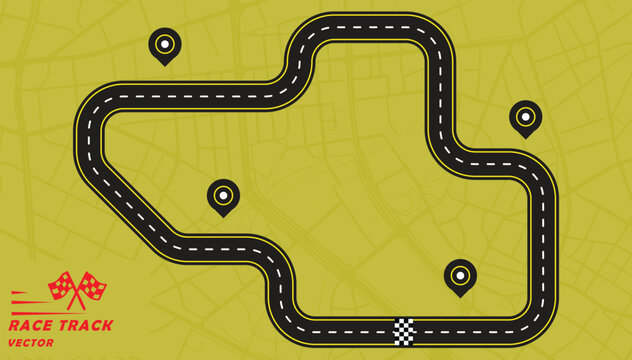 Simple Race track or road designed on yellow background with pin drops and layout of the city map.