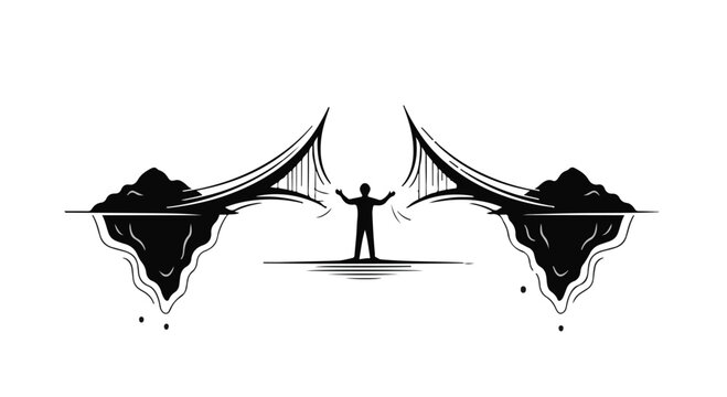 A silhouette of a person stands between two floating landmasses connected by bridging structures, symbolizing connection and overcoming obstacles in a dramatic black and white illustration.