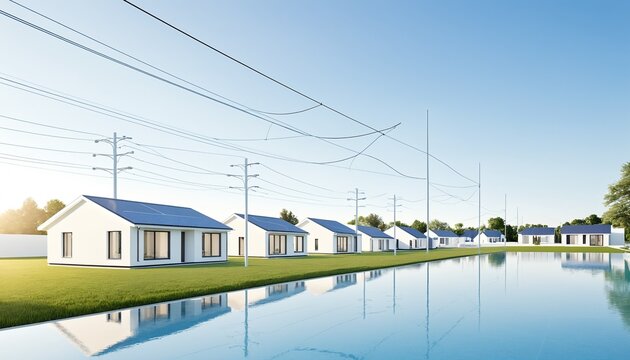 Smart city sustainable housing community with solar panels and power lines, concept of local microgrid power network and renewable energy sharing