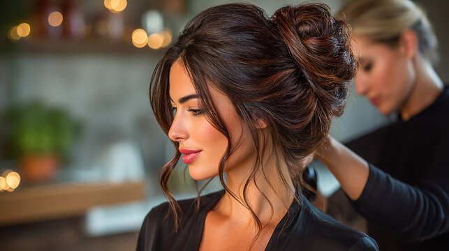 Professional hairstylist creating an elegant updo hairstyle for a young woman in a salon
