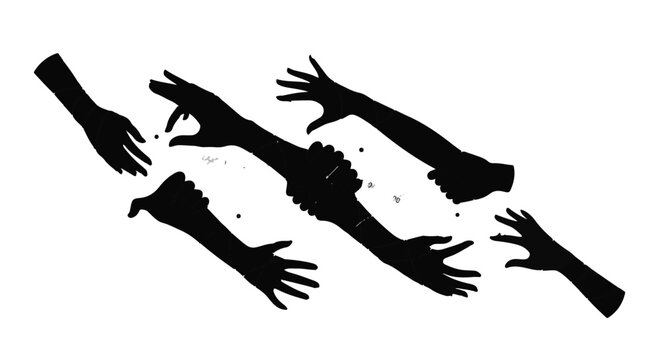 Multiple reaching hands in silhouette form an abstract representation of help, connection, or interaction.