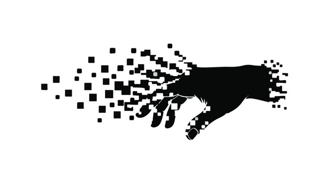A black silhouette of a human hand is shown with its fingers reaching out, disintegrating into numerous small square pixels against a plain white background.