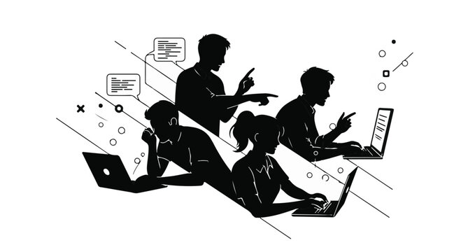 Business people silhouettes work on laptops in a collaborative digital environment with abstract elements.