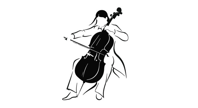 Cellist silhouette plays a string instrument with a bow, depicting musical performance.