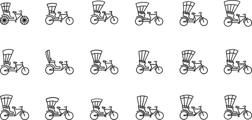 Fototapeta premium Hand drawn rickshaw bicycle outline vector collection with traditional passenger transport icons isolated on white background