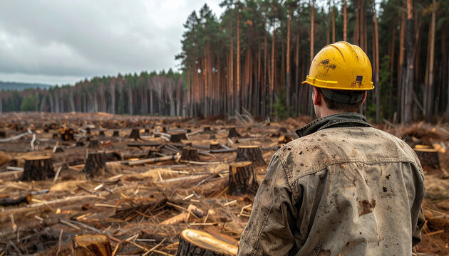 Worker looking at deforested land and chopped tree stumps
