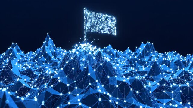 Glowing blue plexus landscape with 3d connected dots and triangular wireframe terrain on dark background, concept for data visualization, artificial intelligence and digital technology