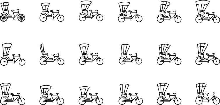 Hand drawn rickshaw bicycle outline vector collection with traditional passenger transport icons isolated on white background