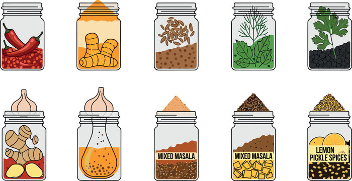 Hand Drawn Spice Jar Collection With Chili Turmeric Herbs Garlic Masala And Lemon Pickle Vector Illustration Set