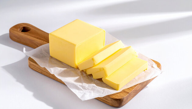 Sliced fresh butter on a wooden cutting board