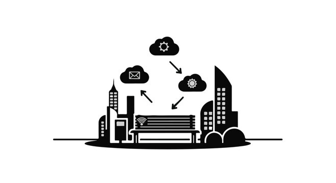 Cityscape illustration showing cloud computing services connecting to urban elements like buildings and a.