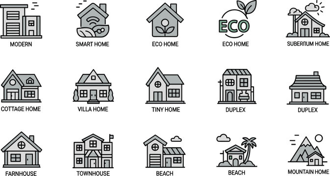 Home architecture outline vector collection with smart eco villa duplex farmhouse beach and mountain house icons