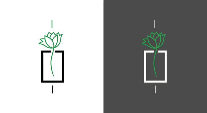 Minimalist green lotus flower logo icon in rectangular frame