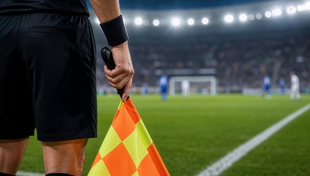 Assistant referee holding a checkered flag on the touchline during a professional night soccer match under bright stadium lights with blurred players
