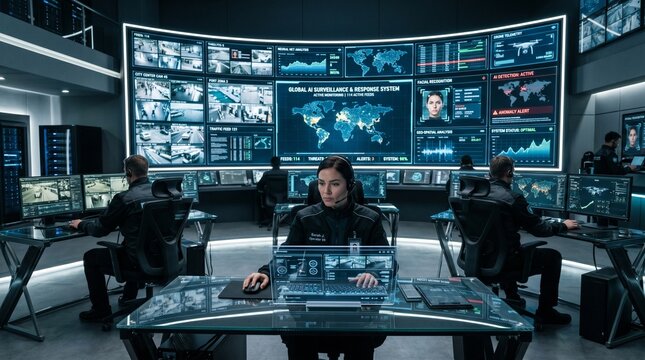 Team working in a modern command center with multiple screens displaying global data and surveillance feeds