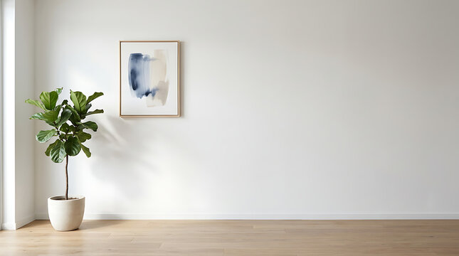 Minimalist interior with white wall fiddle leaf fig and abstract art