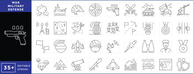 Obraz premium Military, War, and Defense related 36 line icons set. Vector editable stroke.