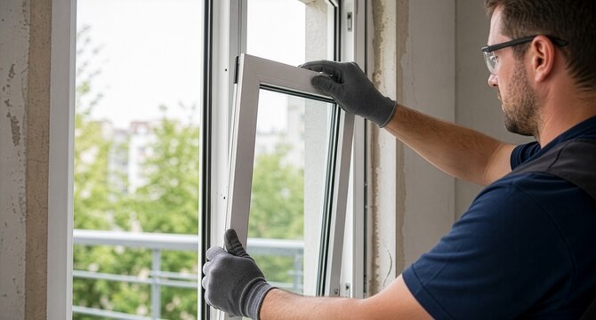 Expert builder in safety glasses and gloves carefully installing a new white double-glazed window frame during home interior renovation