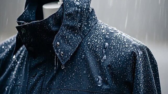 A dark blue waterproof jacket is covered in fresh rain droplets during a storm