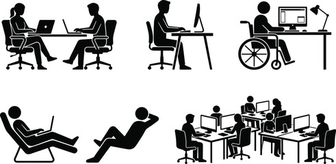Fototapeta premium Black silhouette illustration of diverse office work scenes showing teamwork, remote work, accessibility, and modern workplace environments