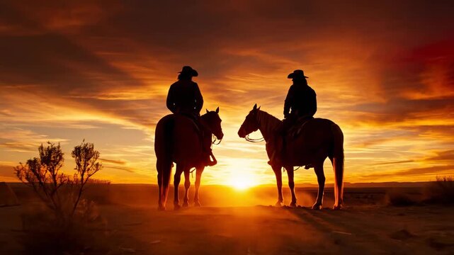 Majestic Western Sunset featuring silhouetted cowboys on horseback in a desert landscape, ideal for cinematic storytelling and western-themed content.