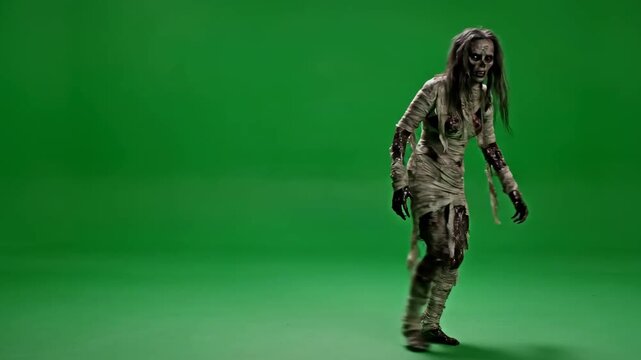 Terrifying Ancient Mummy Walking with decaying bandages and skeletal makeup on a green screen background ideal for horror film production and perfect for Halloween visual effects.