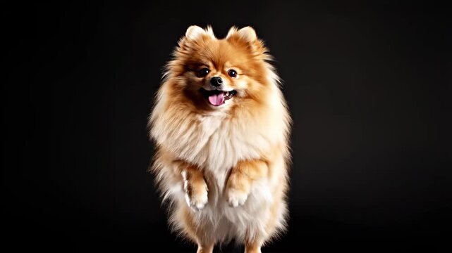 Adorable Pomeranian Dog with fluffy orange fur standing on a black studio floor ideal for pet care commercials and animal grooming advertisements.