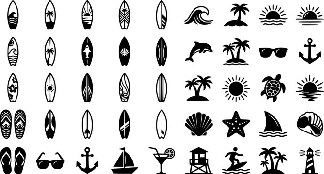 Surfboard designs vector icons set - beach, ocean symbols for summer vibes
