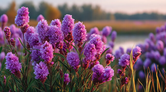 Cluster of wild purple flowers blooming near a river at sunset with wildflowers, riverbank