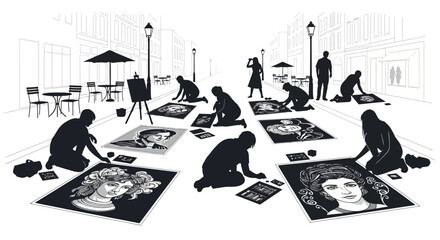 People creating large street art portraits. © Alinaja