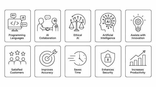 Icons representing artificial intelligence benefits are displayed in a clean grid layout.