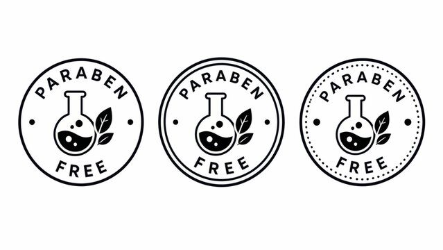 Paraben free labels feature chemical flasks and leaves to denote organic skin care.
