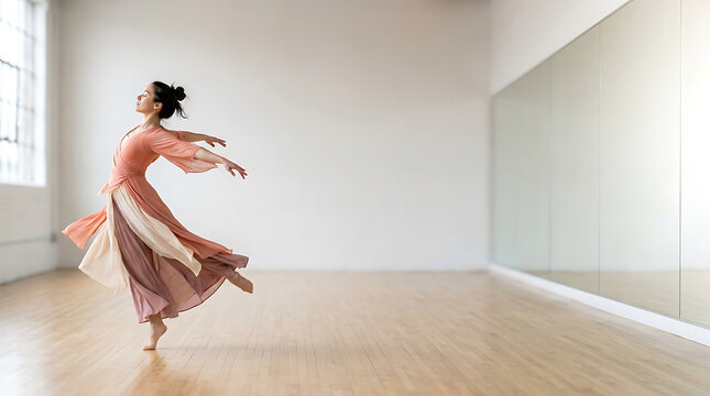 Graceful woman dancing in a spacious sunlit studio